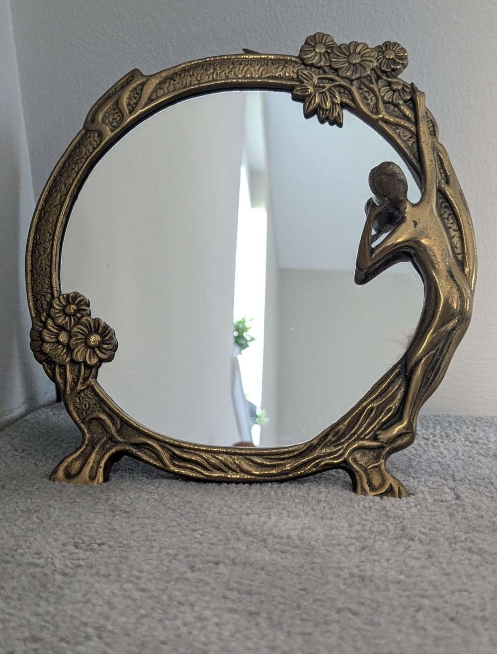 Vintage Art Nouveau Brass Lady Of The Lake Mirror